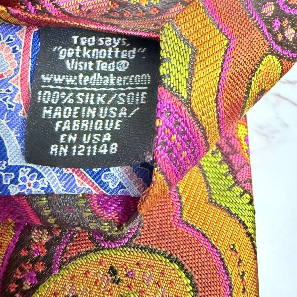Ted Baker London 100% Silk Paisley Necktie Pink Gold Mustard Made In USA Retro - Picture 8 of 11